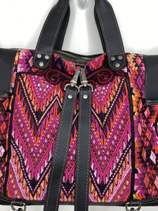 MoonLake Designs handmade Gabriella Large Convertible Day Bag close up view of removable backpack straps and huipil design