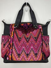 Load image into Gallery viewer, MoonLake Designs handmade Gabriella Large Convertible Day Bag in Black Leather with textile pocket and multi-color handwoven huipil design in warm colors
