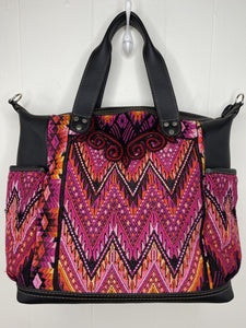 MoonLake Designs handmade Gabriella Large Convertible Day Bag in Black Leather with textile pocket and multi-color handwoven huipil design in warm colors