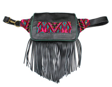 Load image into Gallery viewer, MoonLake Designs Hip Belt with fringe in handcrafted black leather with green leather trim