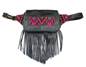 MoonLake Designs Hip Belt with fringe in handcrafted black leather with green leather trim