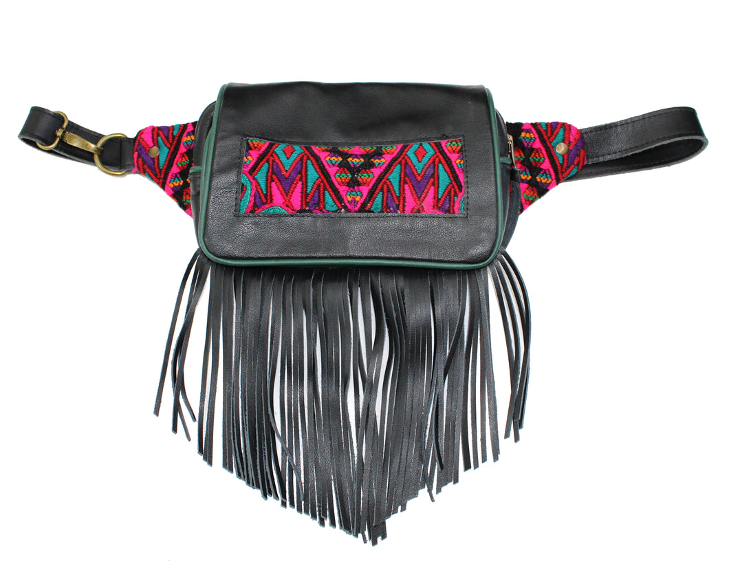 MoonLake Designs Hip Belt with fringe in handcrafted black leather with green leather trim
