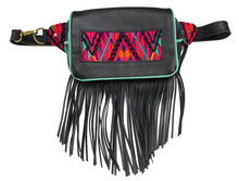Load image into Gallery viewer, MoonLake Designs Hip Belt with fringe in handcrafted black leather with teal leather trim
