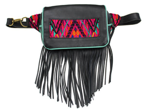 MoonLake Designs Hip Belt with fringe in handcrafted black leather with teal leather trim