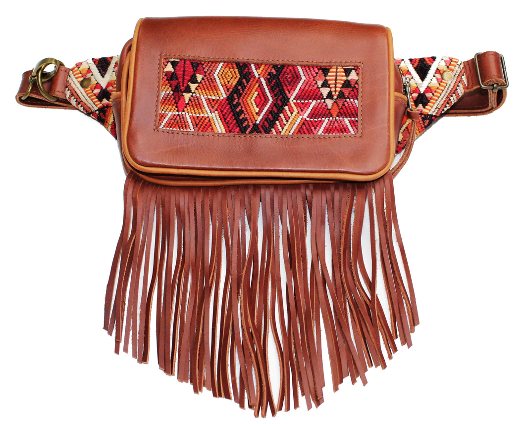 MoonLake Designs Hip Belt with fringe in handcrafted burnt sienna red brown leather