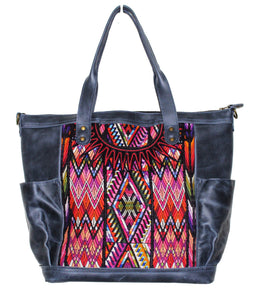 MoonLake Designs Gabriella large convertible day bag in black leather with eye catching geometric handwoven huipil