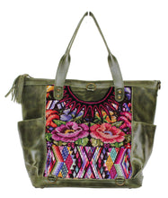 Load image into Gallery viewer, MoonLake Designs Gabriella large convertible day bag in green leather with eye catching geometric and floral handwoven huipil