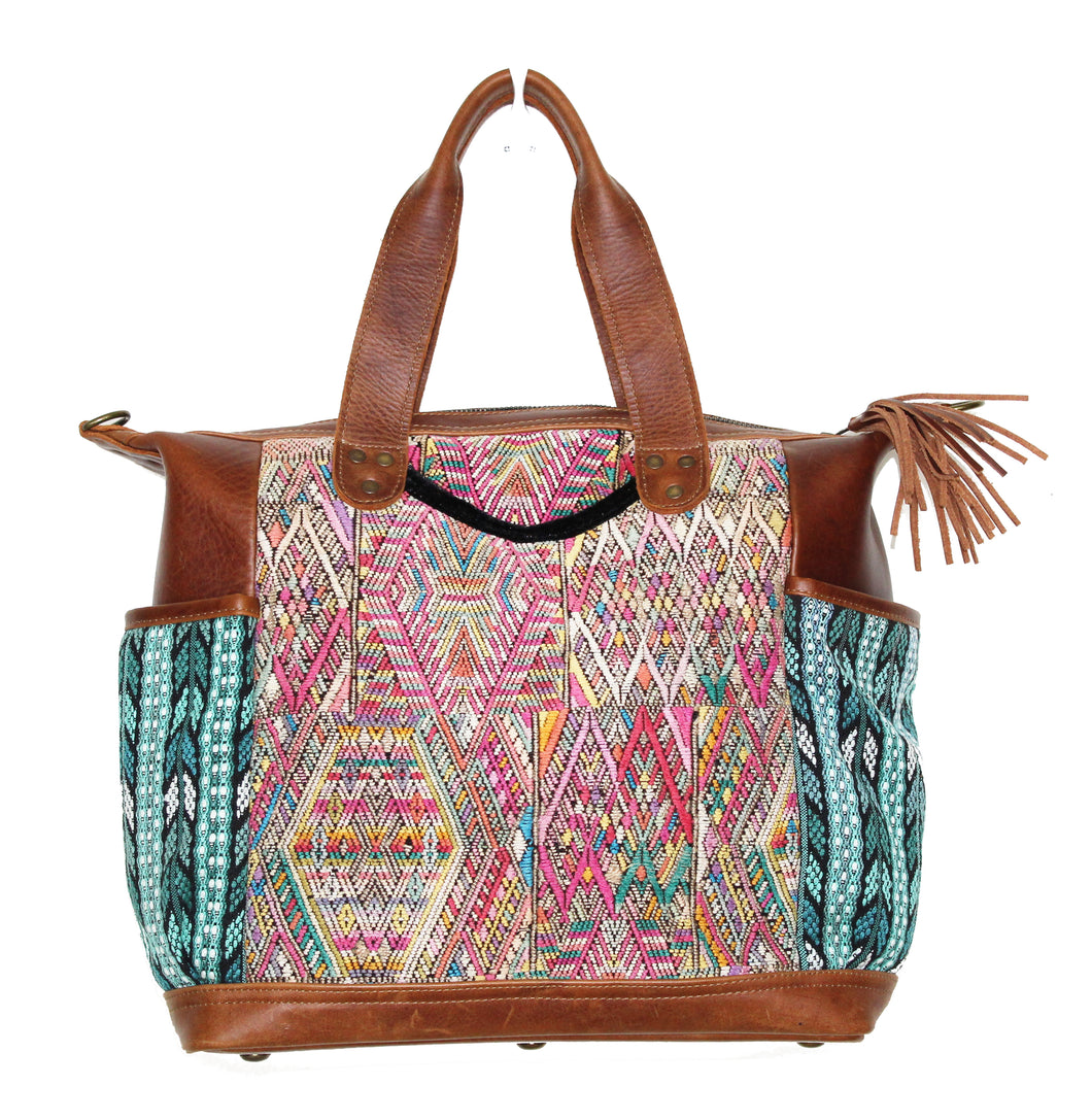 MoonLake Designs Gabriella large convertible day bag in medium tan leather with intricate geometric handwoven chichicastengo huipil design