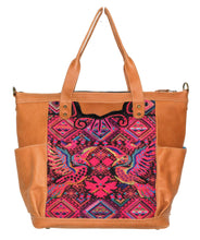 Load image into Gallery viewer, MoonLake Designs Gabriella large convertible day bag in pear tan leather with stunning geometric and toucan handwoven huipil design in pinks, black, and yellows