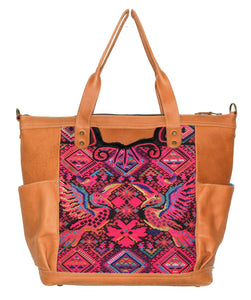 MoonLake Designs Gabriella large convertible day bag in pear tan leather with stunning geometric and toucan handwoven huipil design in pinks, black, and yellows