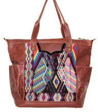Load image into Gallery viewer, MoonLake Designs Gabriella large convertible day bag in reddish brown leather with eye catching geometric handwoven huipil 