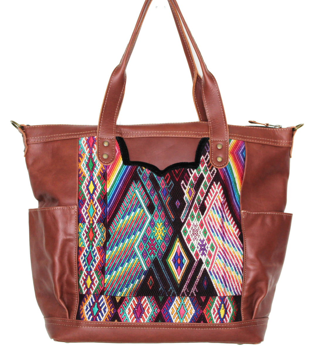 MoonLake Designs Gabriella large convertible day bag in reddish brown leather with eye catching geometric handwoven huipil 