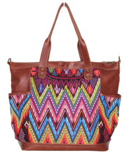 Load image into Gallery viewer, MoonLake Designs Gabriella large convertible day bag in reddish brown leather with eye catching geometric handwoven huipil