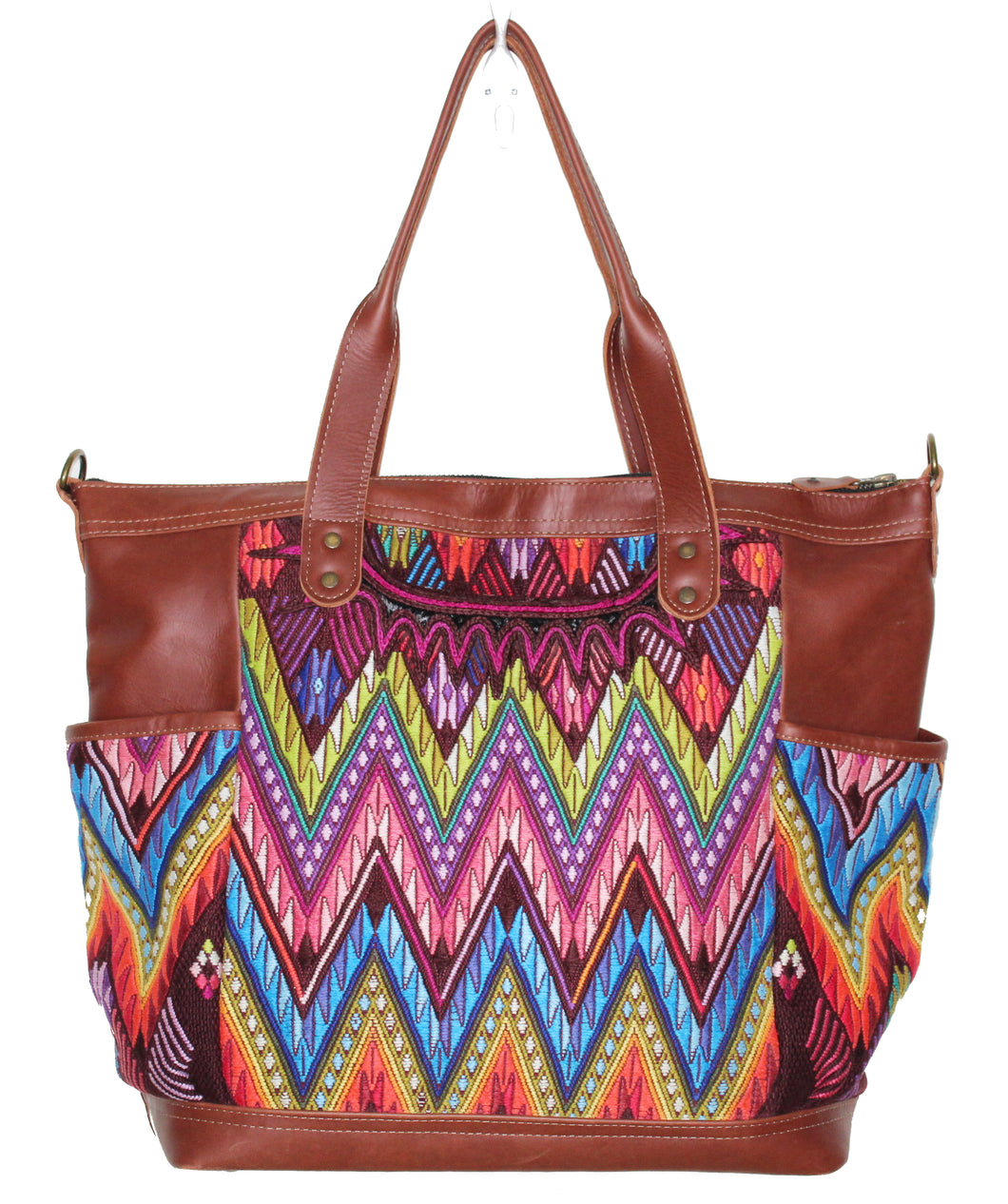 MoonLake Designs Gabriella large convertible day bag in reddish brown leather with eye catching geometric handwoven huipil