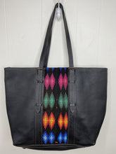 Load image into Gallery viewer, MoonLake Designs handmade unique Isabella Large Everyday Tote in Black Leather with multi-color handwoven huipil design and rich blue cotton interior lining