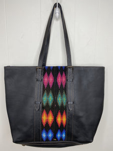 MoonLake Designs handmade unique Isabella Large Everyday Tote in Black Leather with multi-color handwoven huipil design and rich blue cotton interior lining
