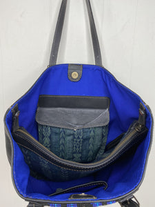 MoonLake Designs Isabella Large Everyday Tote in black Leather inside view of bag showing pocket with magnetic closure and removable textile and leather compartment