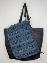 Load image into Gallery viewer, MoonLake Designs Isabella Large Everyday Tote behind removable compartment made of handwoven blue huipil and black leather top