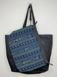 MoonLake Designs Isabella Large Everyday Tote behind removable compartment made of handwoven blue huipil and black leather top