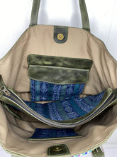 Load image into Gallery viewer, MoonLake Designs Isabella Large Everyday Tote in Dark Green Leather Inside View of bag: pockets with zippered and magnetic closures