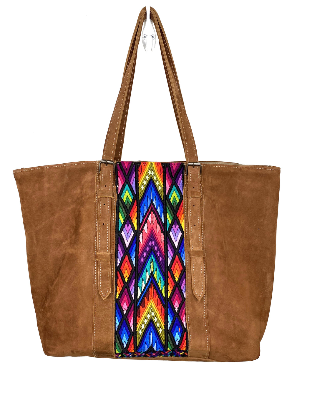 MoonLake Designs handmade unique Isabella Large Everyday Tote in Suede with Sunset Huipil Design including blues pinks reds and purples