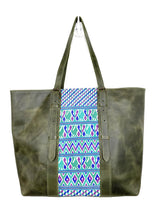 Load image into Gallery viewer, MoonLake Designs handmade unique Isabella Large Everyday Tote in Dark Green Leather with Blue Geometric Huipil Design
