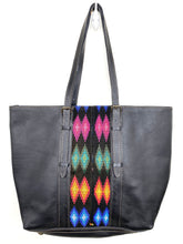 Load image into Gallery viewer, MoonLake Designs handmade unique Isabella Large Everyday Tote in Black Leather with multi-color handwoven huipil design and rich blue cotton interior lining