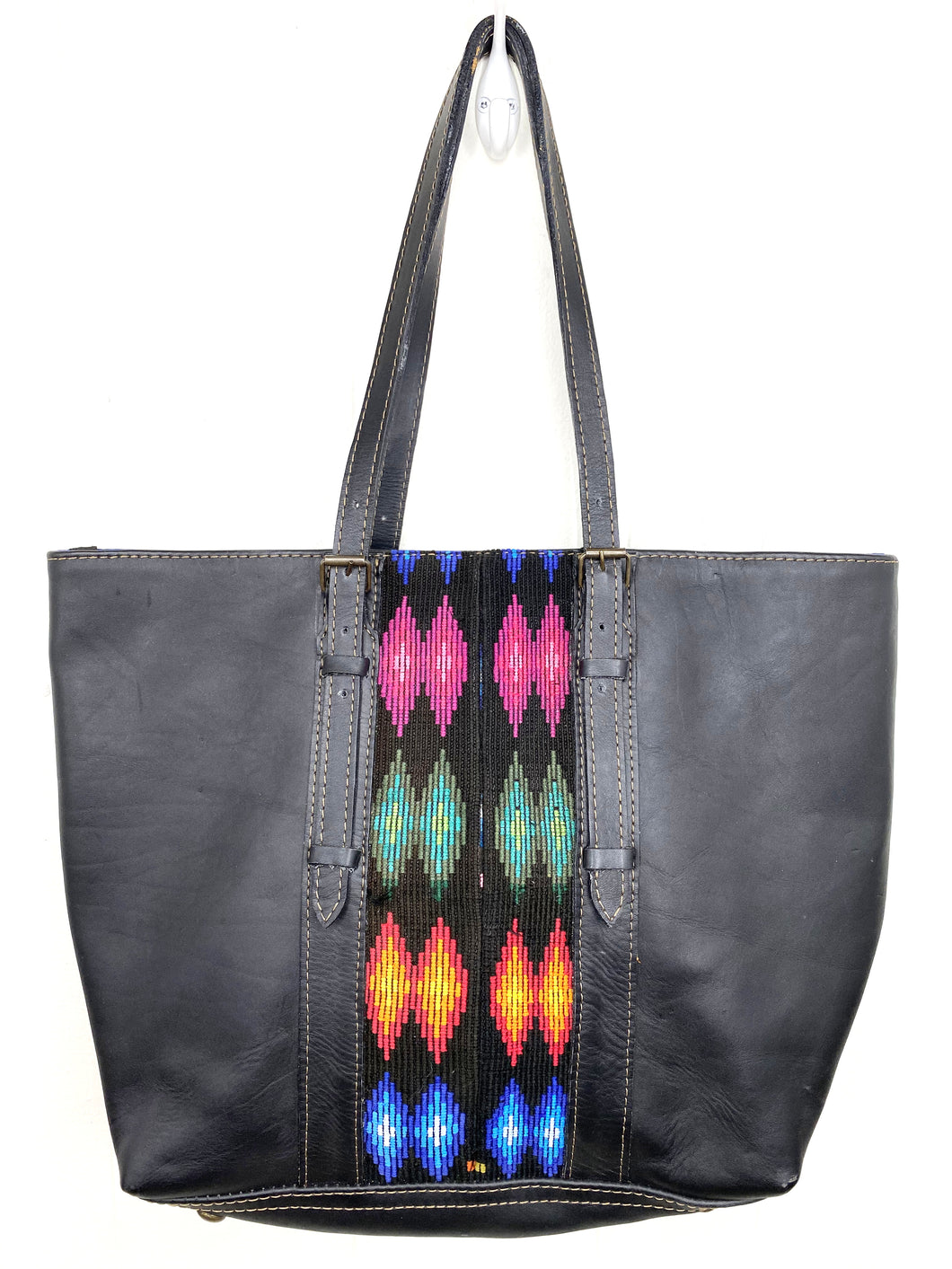 MoonLake Designs handmade unique Isabella Large Everyday Tote in Black Leather with multi-color handwoven huipil design and rich blue cotton interior lining
