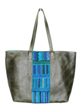 Load image into Gallery viewer, MoonLake Design Isabella everyday tote bag in green leather with blue geometric huipil