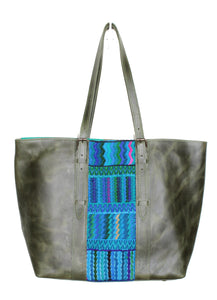 MoonLake Design Isabella everyday tote bag in green leather with blue geometric huipil