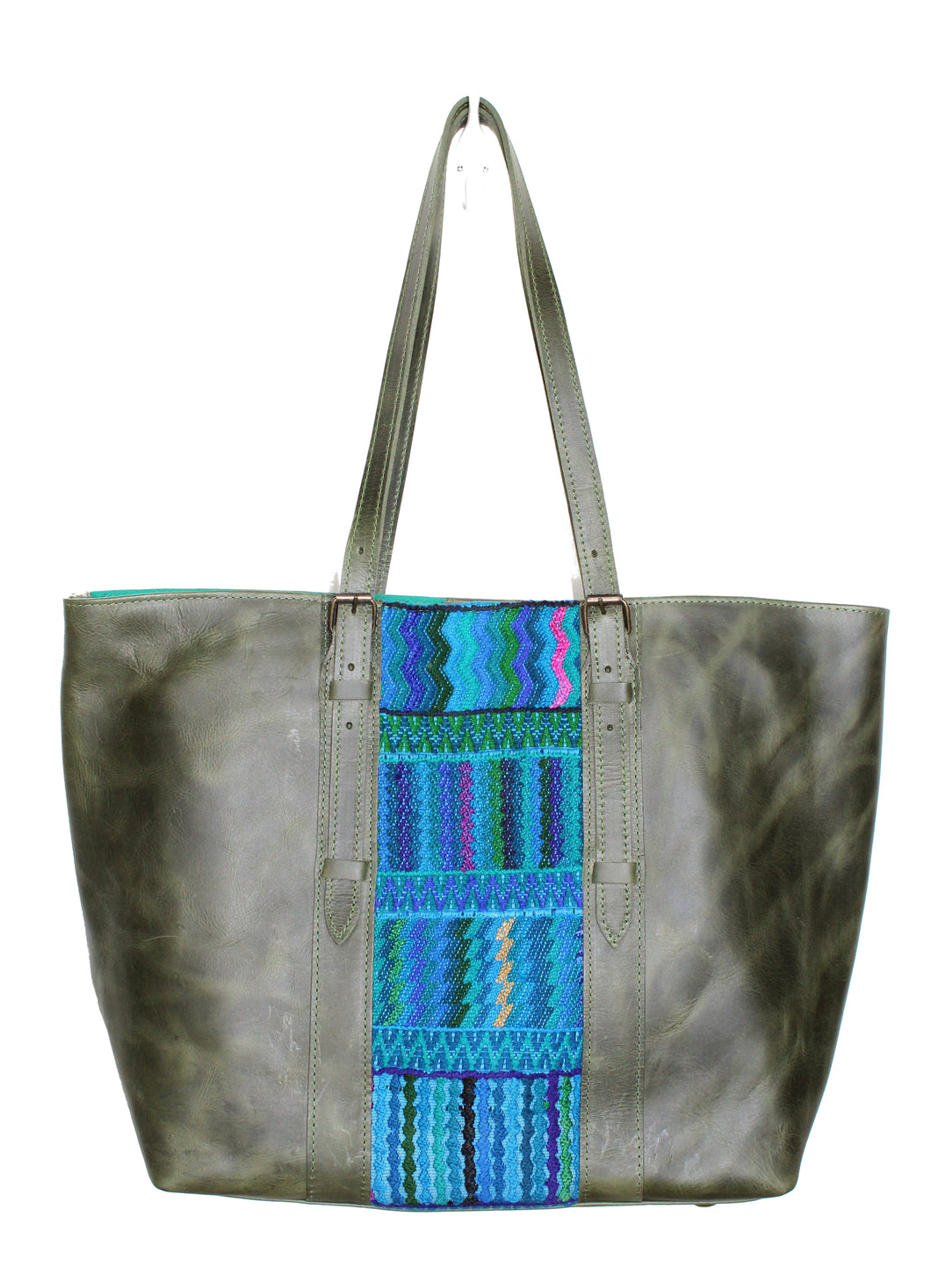MoonLake Design Isabella everyday tote bag in green leather with blue geometric huipil