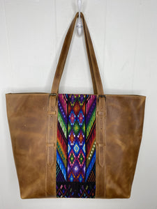 MoonLake Designs handmade unique Isabella Large Everyday Tote in Light Tan Leather with multi-color handwoven huipil design