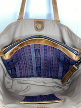 Load image into Gallery viewer, MoonLake Designs Isabella Large Everyday Tote removable textile and leather compartment with a blue and purple huipil design