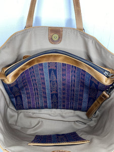 MoonLake Designs Isabella Large Everyday Tote removable textile and leather compartment with a blue and purple huipil design