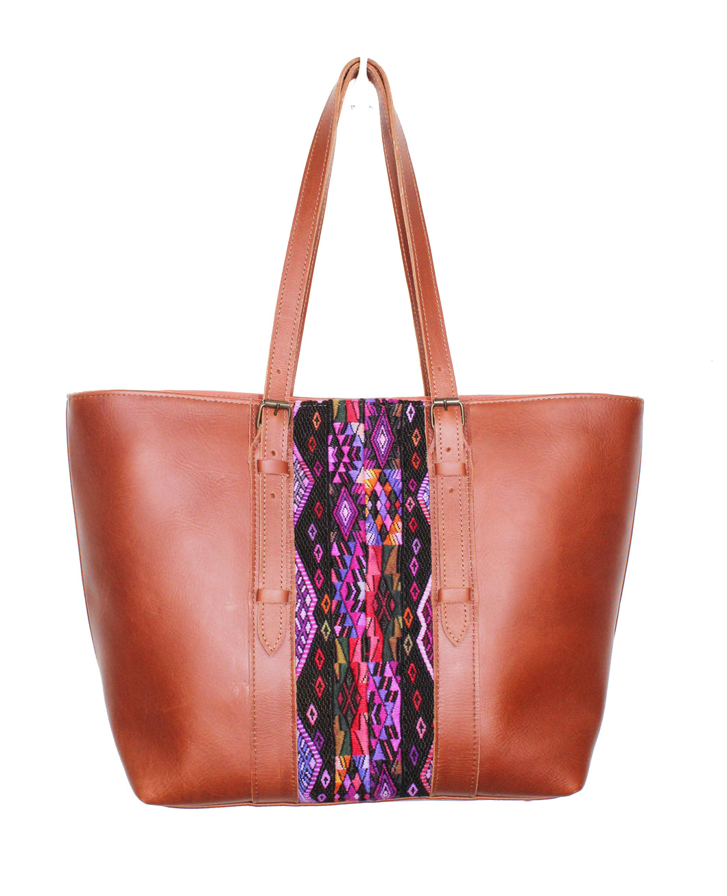 MoonLake Designs Isabella everyday tote bag in reddish brown leather with beautiful geometric huipil