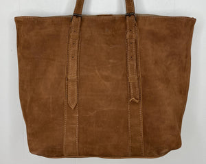 MoonLake Designs handmade unique Isabella Large Everyday Tote in Dark Tan Suede with adjustable straps - close up view