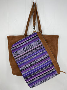 MoonLake Designs Isabella Large Everyday Tote in suede removable compartment in purple huipil