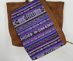 MoonLake Designs Isabella Large Everyday Tote in suede removable compartment in purple huipil