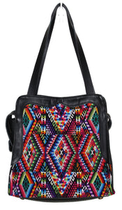 MoonLake Bags Ethical Fashion Brand Linda bag in black leather and handwoven geometric huipil