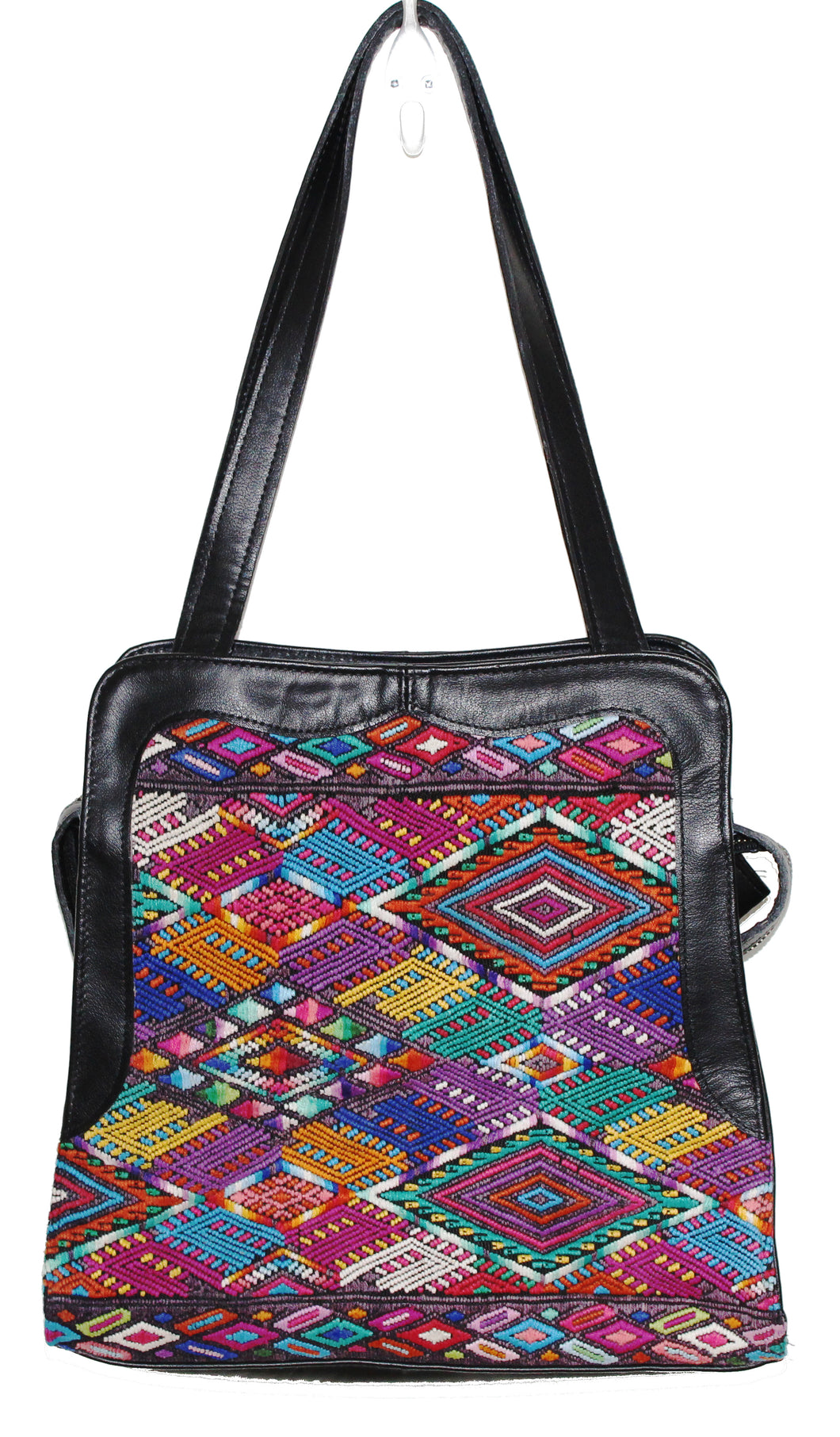 MoonLake Bags Ethical Fashion Brand Linda bag in black leather and handwoven geometric huipil