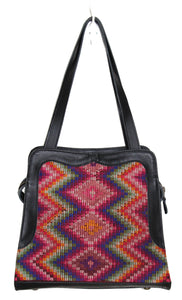 MoonLake Bags Ethical Fashion Brand Linda bag in black leather and handwoven geometric huipil