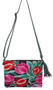 MoonLake Designs Lola small bag in dark green leather with floral huipil