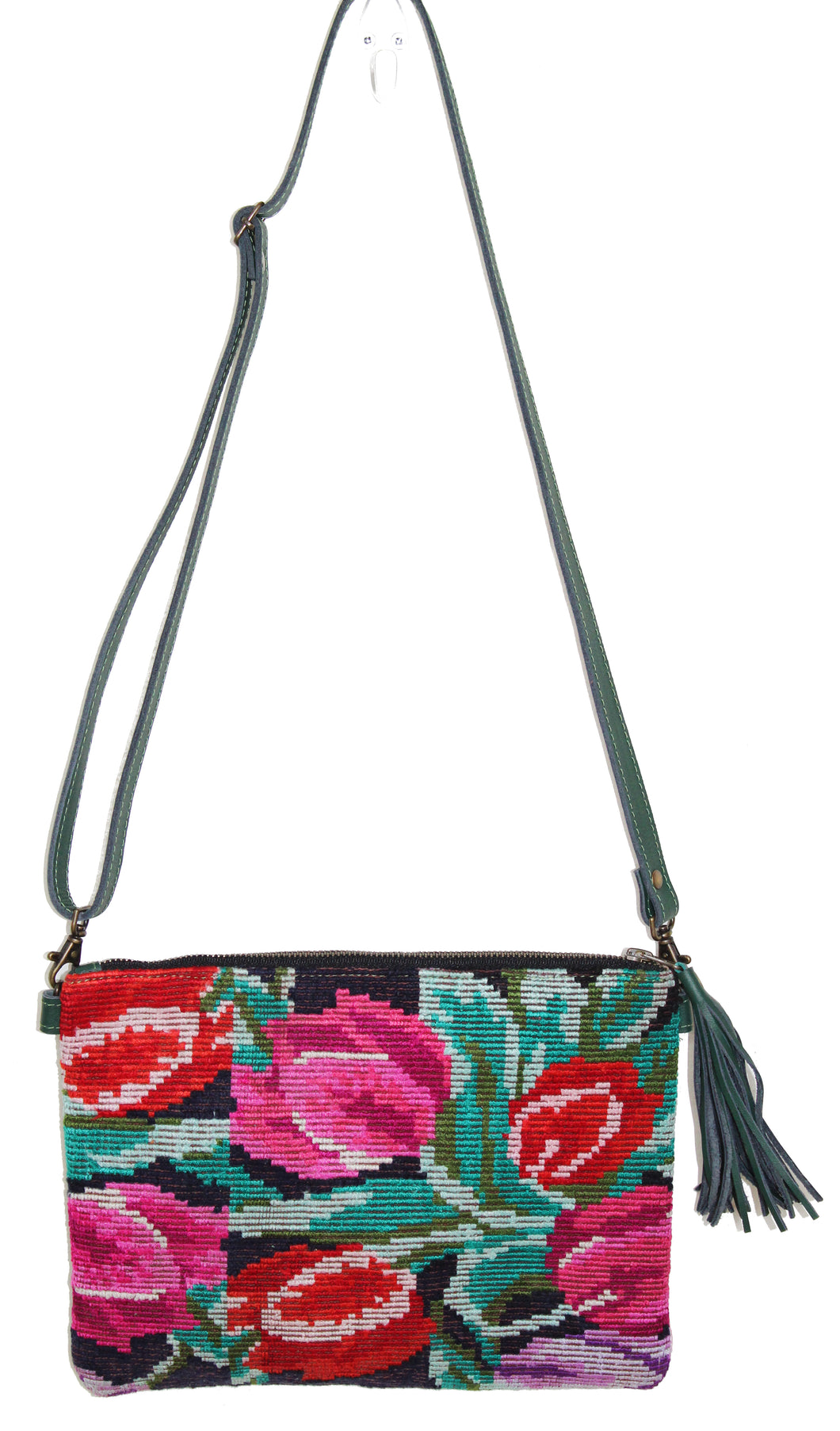 MoonLake Designs Lola small bag in dark green leather with floral huipil