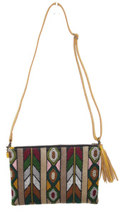 MoonLake Designs Lola small bag in mustard yellow leather, fringe tassel, and geometric huipil
