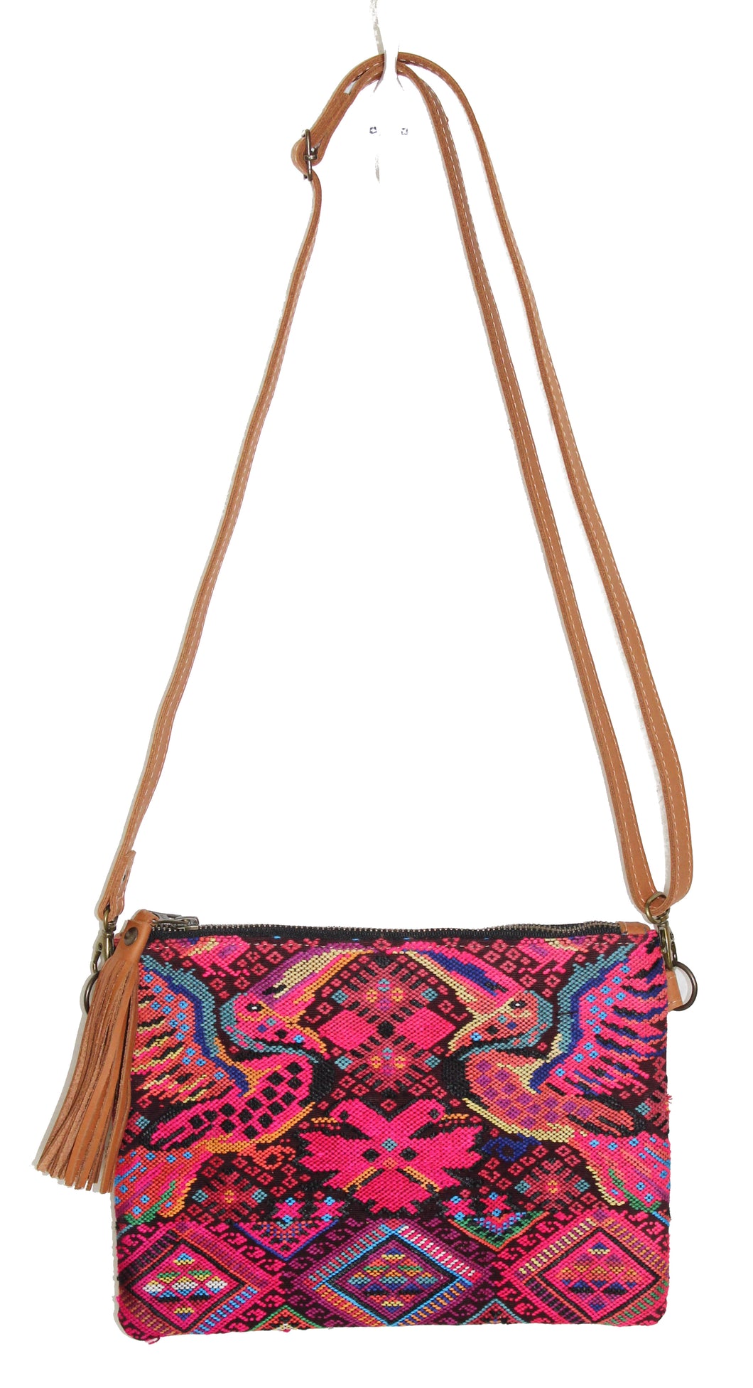 MoonLake Designs Lola small bag in pear tan leather, fringe tassel, and handwoven wildlife and geometric huipil