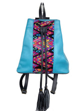 Load image into Gallery viewer, MoonLake Designs Maya bucket backpack in handcrafted electric blue leather with Mayan geometric huipil design and black leather draw straps, backpack straps, and fringe tassels