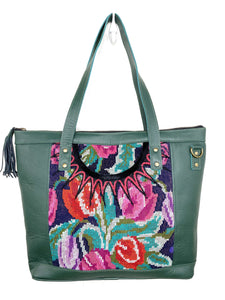 MoonLake Designs Olivia Large Tote Bag in dark green handcrafted leather with stunning floral handwoven huipil design with purple and pink flowers with green leaves and leather tassel zipper closure