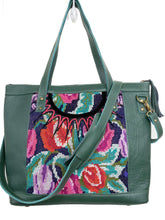 Load image into Gallery viewer, MoonLake Designs Olivia Large Tote Bag in dark green handcrafted leather close up of handwoven floral handwoven huipil design and adjustable shoulder strap