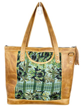 Load image into Gallery viewer, MoonLake Designs Olivia Large Tote Bag in light tan handcrafted leather with mesmerizing floral huipil design in shades of greens and leather tassel zipper closure