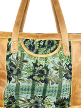 Load image into Gallery viewer, MoonLake Designs Olivia Large Tote Bag in light tan handcrafted leather close up of handwoven green floral huipil design and exterior open pocket